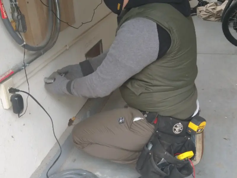 Electrician performing outlet wiring in a Exeter garage